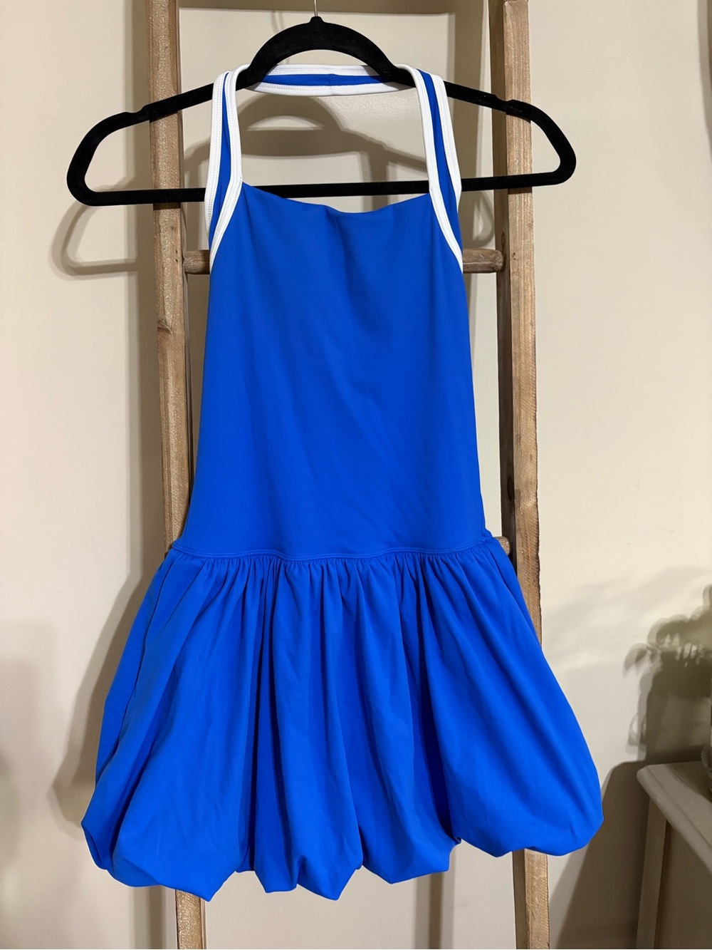 Athletic Blue Bubble Skirt Dress with White Trim. Shorts underneath.